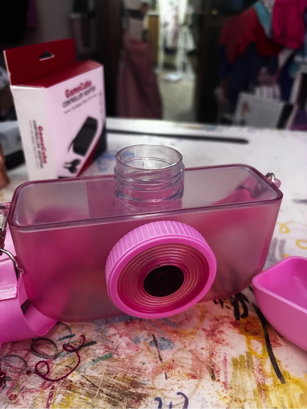Pink Camera themed water bottle with Strap